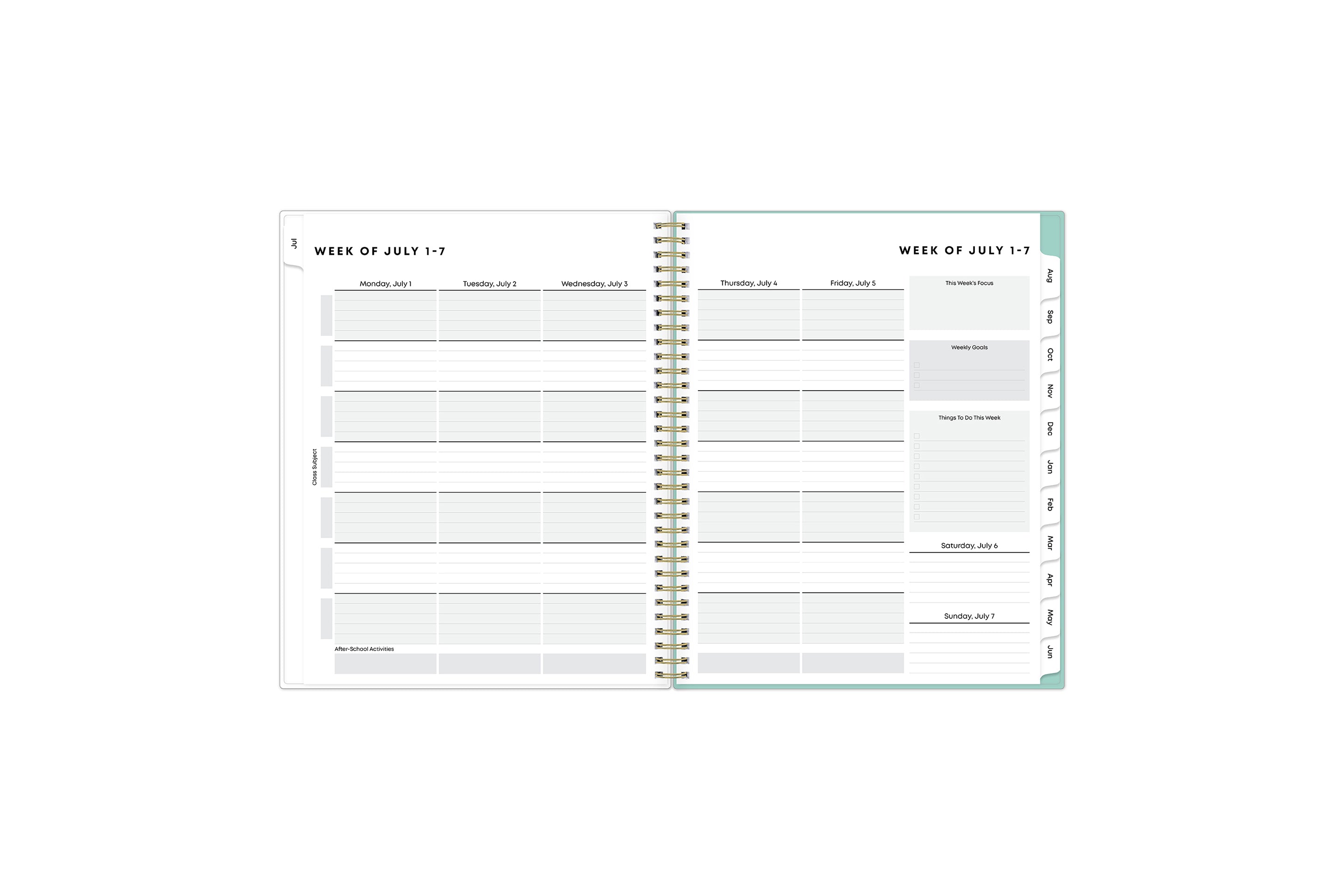 The  student planner features a weekly spread with an optimized layout for each class and sections for note-taking, projects, and assignments