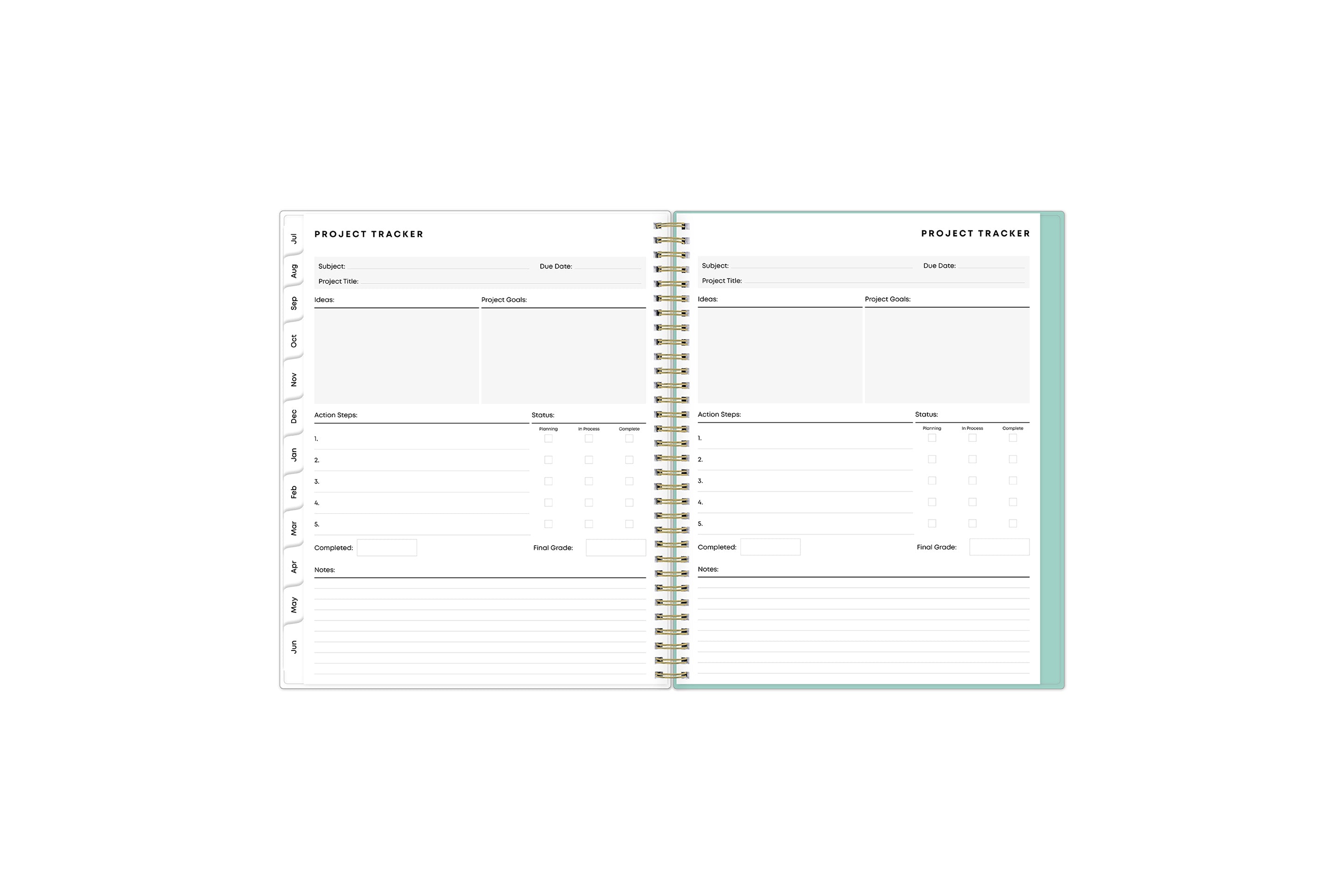project tracker, black font white monthly tabs 8.5x11 planner size