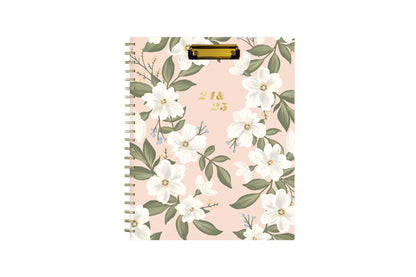beautiful white floral soft olive green brushed leaves on 8.5x11 planner with attached clipfolio