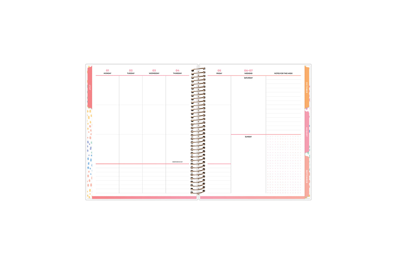 vertical weekly planning featuring ample writing space, gridded and lined notes section, colorful monthly tabs