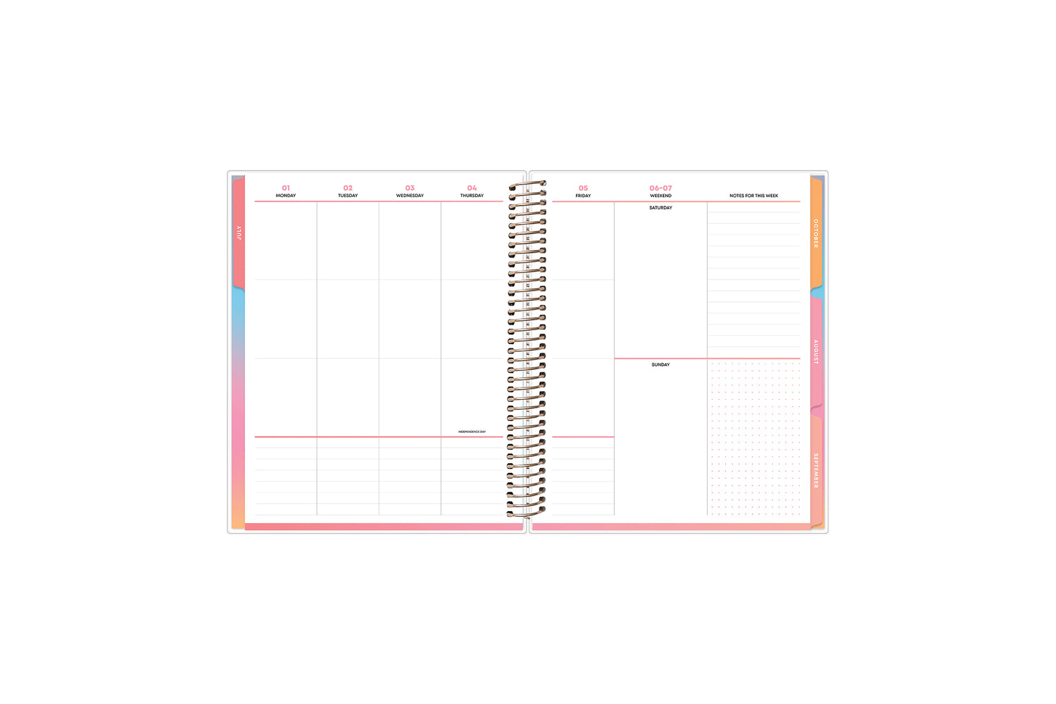 vertical weekly planning featuring ample writing space, gridded and lined notes section, colorful monthly tabs