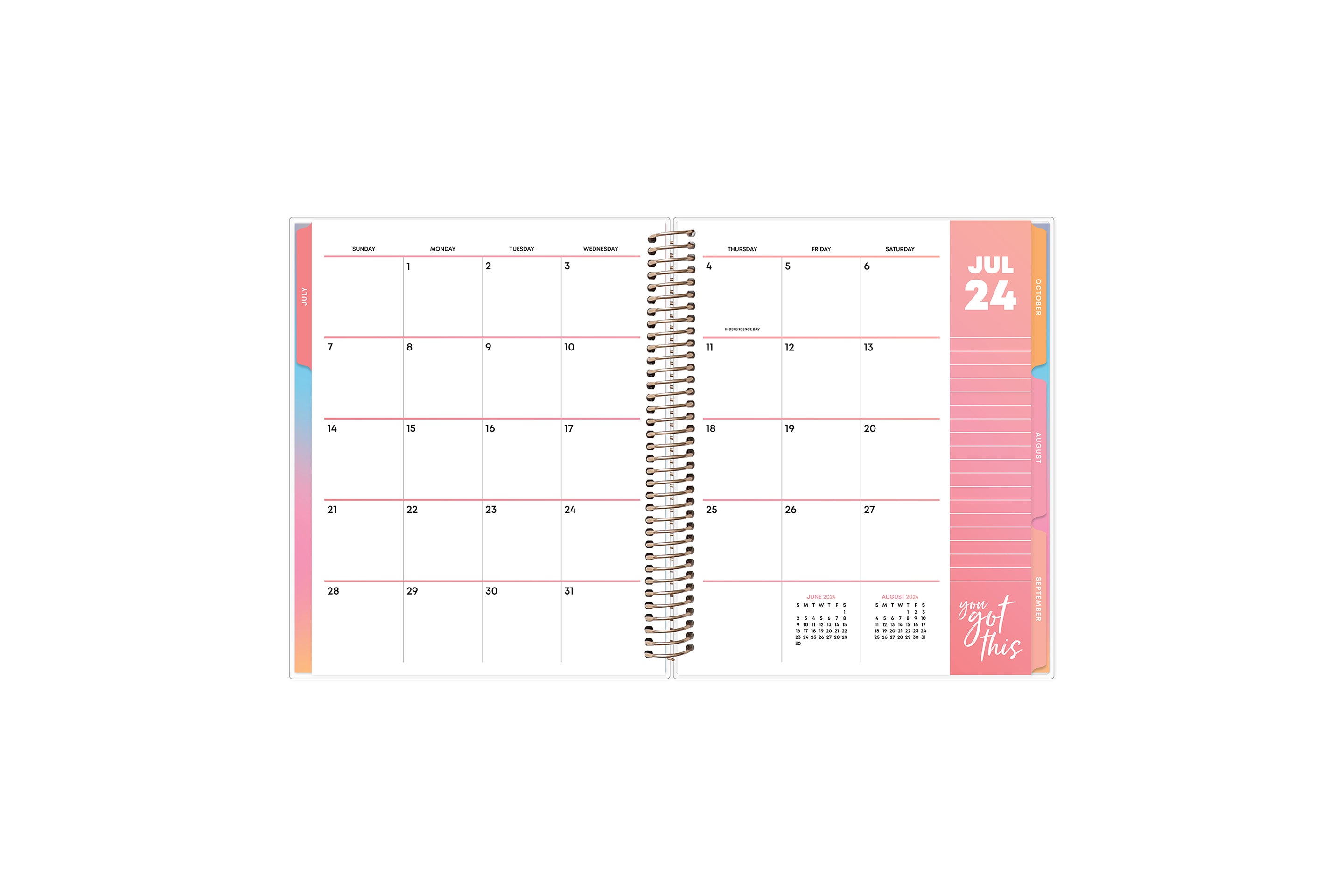 weekly monthly planner featuring a monthly spread with large blank squares for each date, reference calendars, and lined notes section