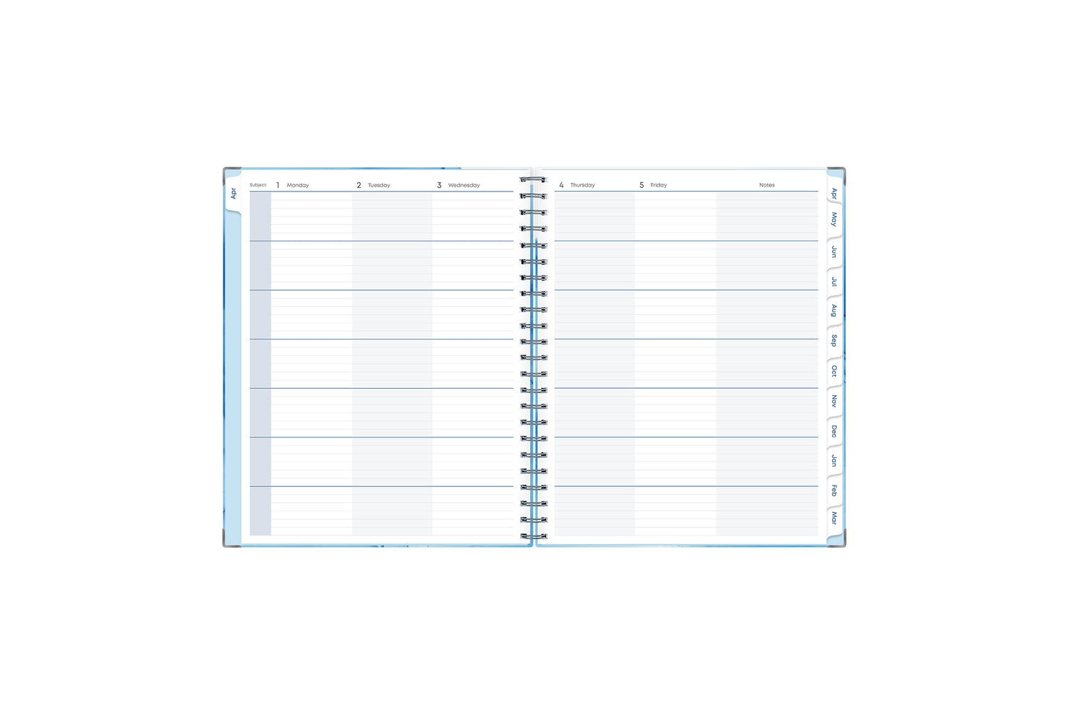 Teacher lesson planner includes ample and clean writing space for each class or period, multi colored pattern for each day, organized layout, and white monthly tabs in a 8.5x11 lesson planner.