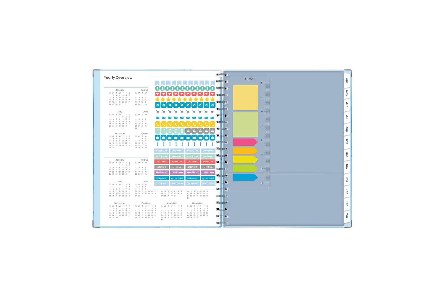reference calendars, sticker sheets, snap in bookmark and sticky notes, white monthly tabs in  8.5x11 planner size