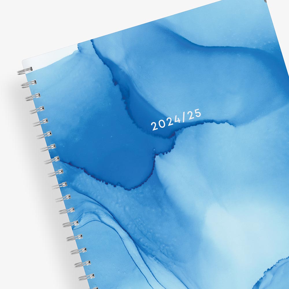 marble blue front cover in 8.5x11 planner size for this teacher lesson planner dated for July 2024- June 2025