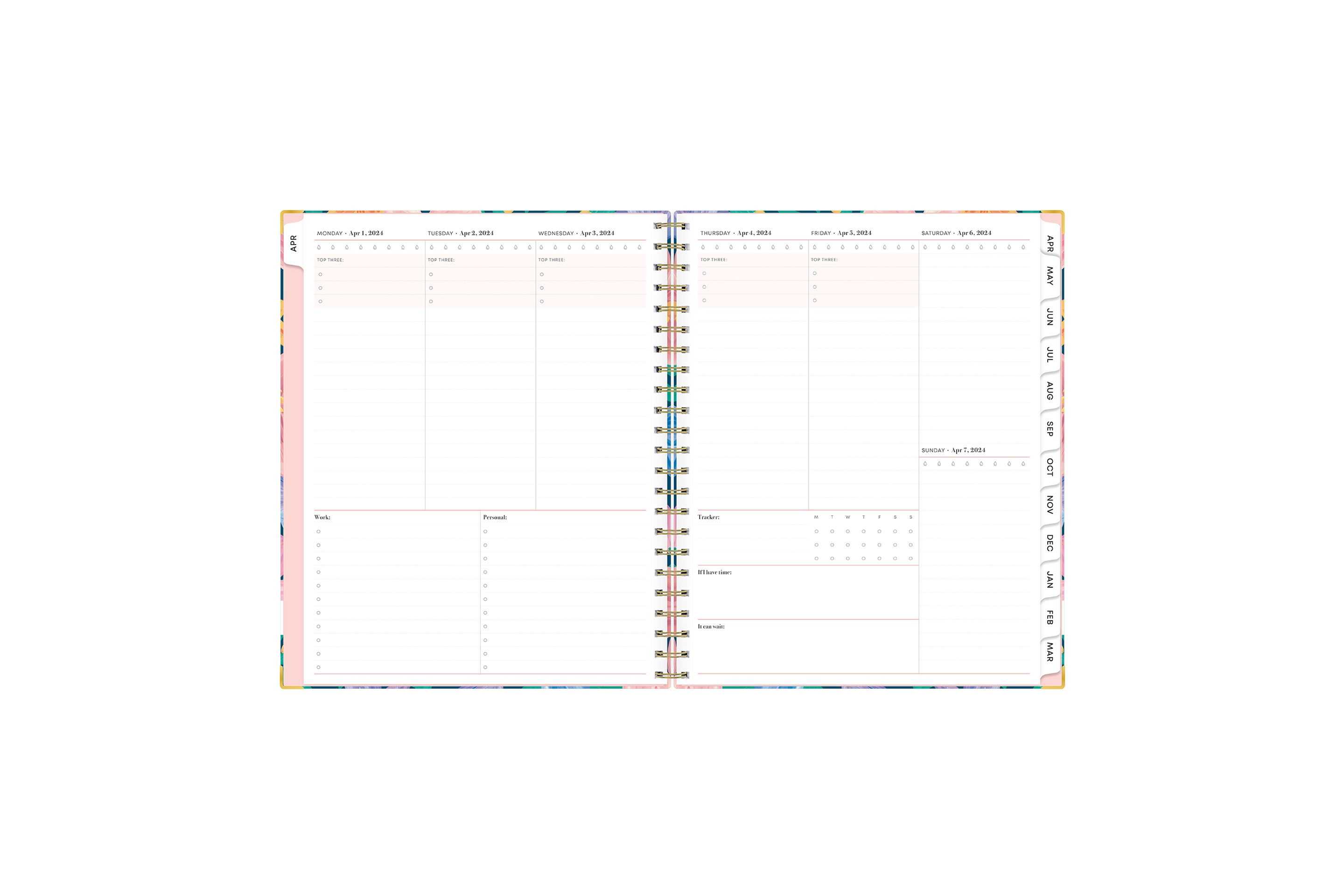 plan vertically with this weekly monthly planner with rainbow colored monthly tabs, grid notes section, both lined and blank writing space.