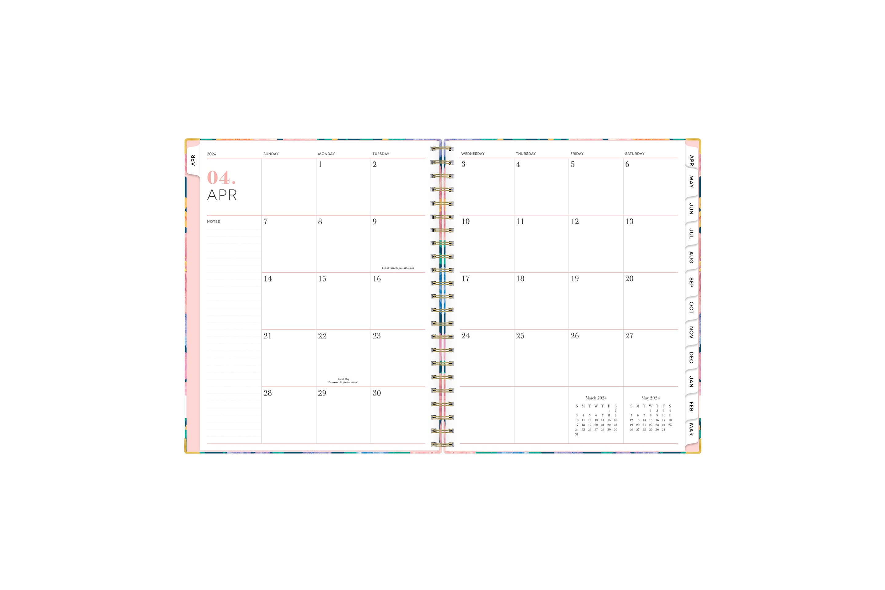 beautiful and colorful monthly spread featured on this Livewell planner in 7x9 planner size, the monthly spread has ample writing space and lined section for notes