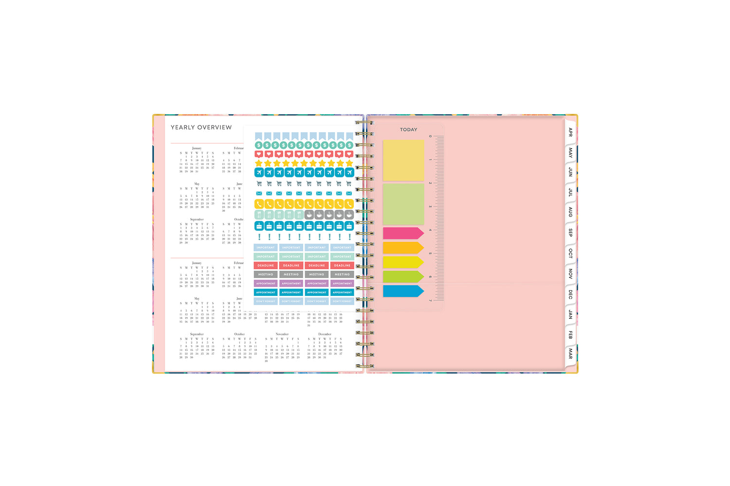 the livewell planner comes with sticker sheet, storage pocket, and rainbow colored tabs