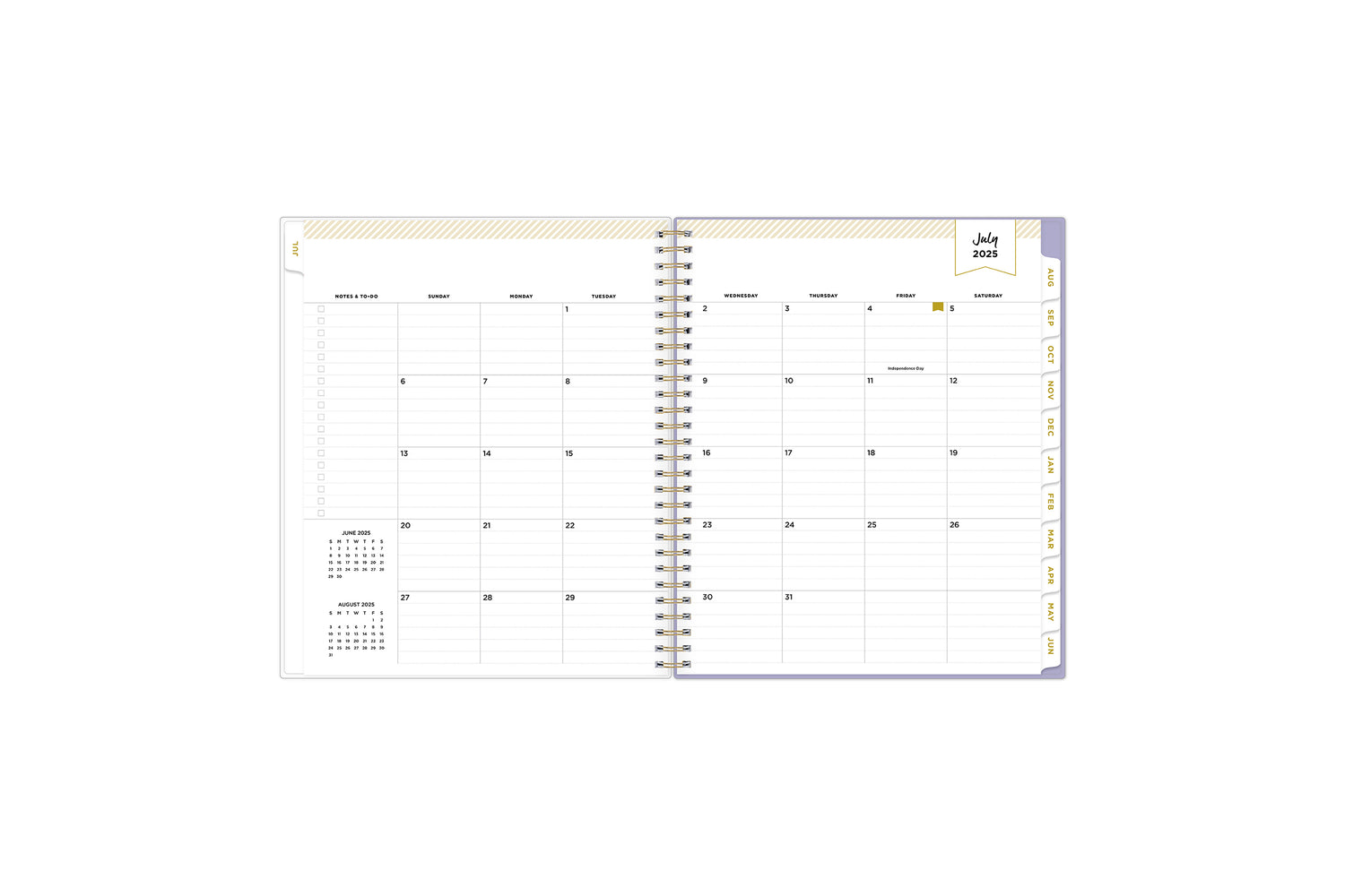 july 2025 - june 2026 monthly spread in 8x10 size featuring lined writing space and monthly tabs
