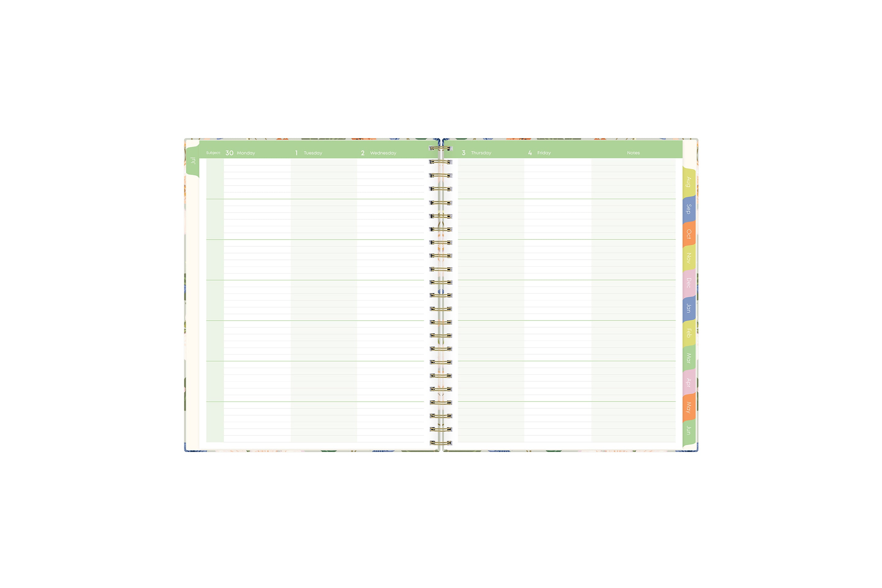 ample lined writing space and teacher lesson planner layout for each class or period, multi colored pattern for each day, and mint green monthly tabs for this  weekly monthly lesson planner.
