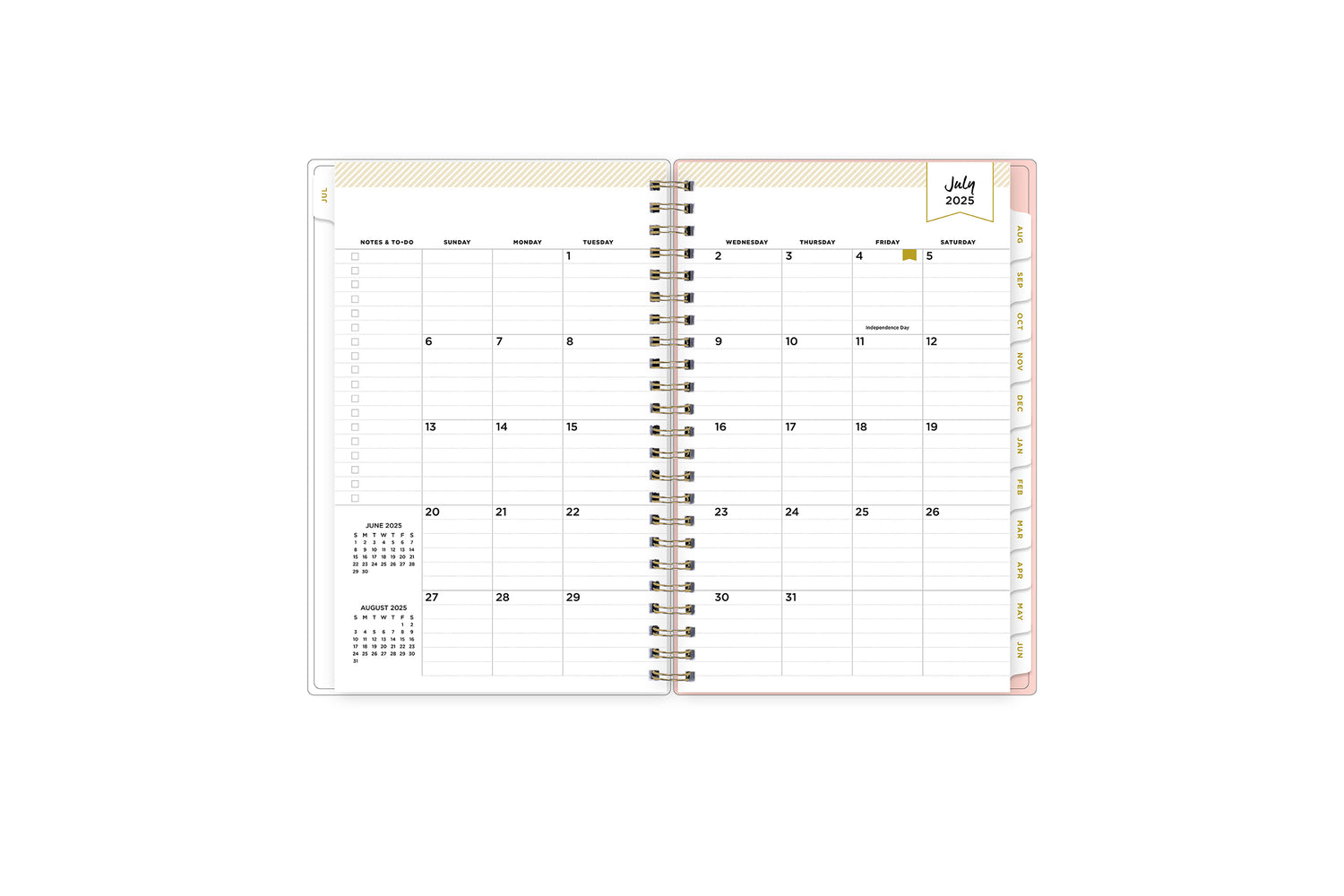 2025-2026 weekly monthly spread featuring lined writing space and to do list on 5x8 planner size, reference calendars, and white monthly tabs