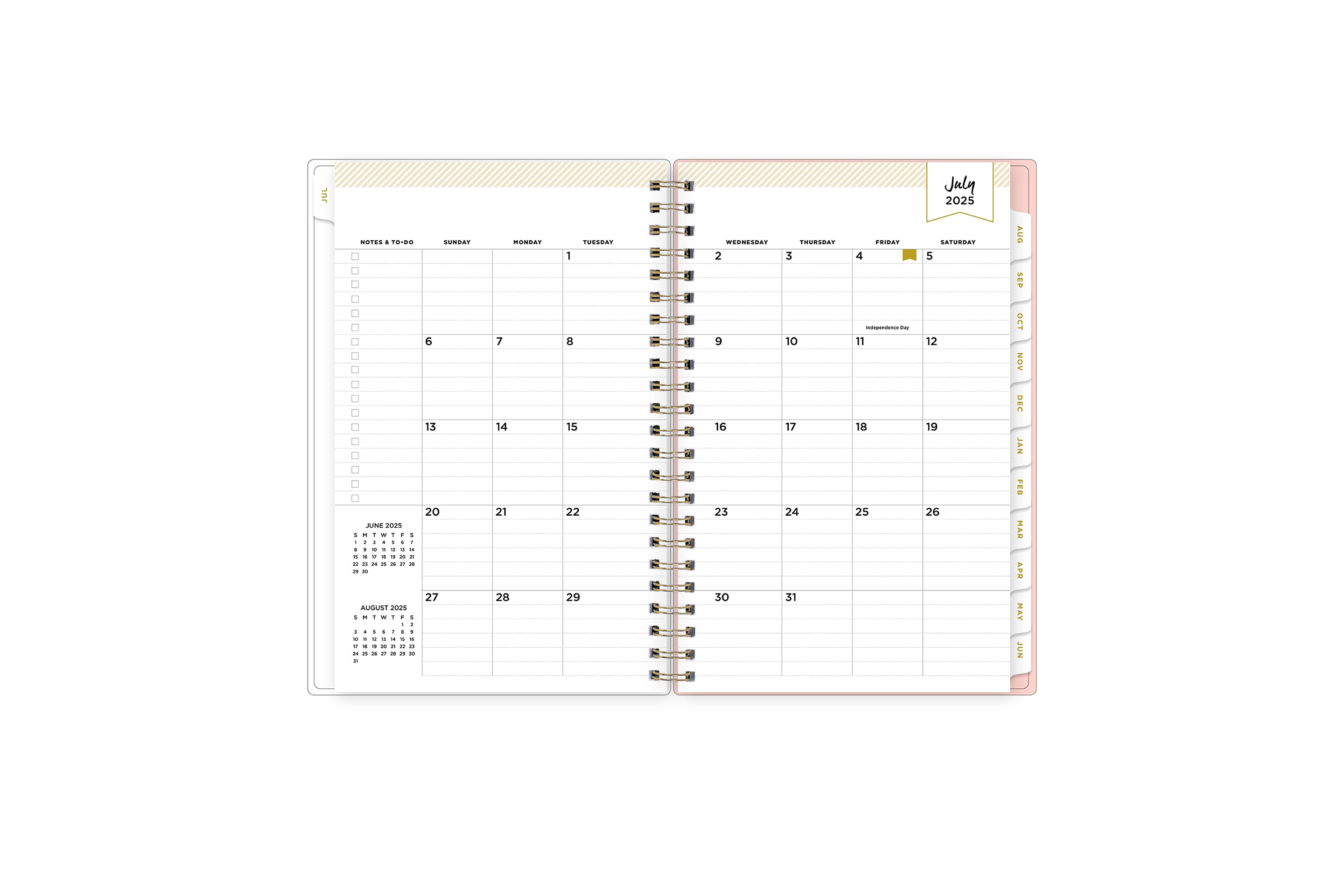2025-2026 weekly monthly spread featuring lined writing space and to do list on 5x8 planner size, reference calendars, and white monthly tabs