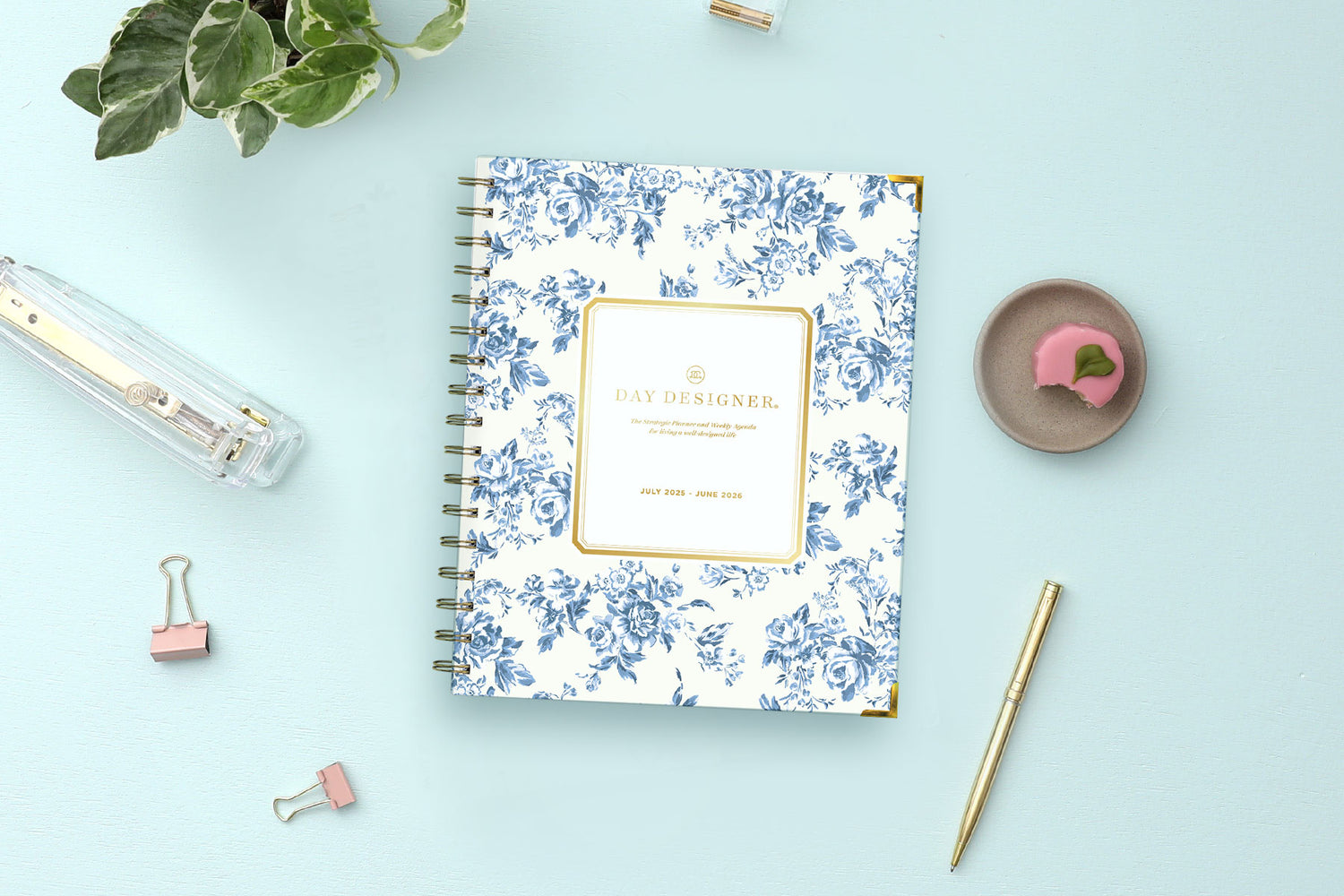 July 2025 - June 2025 weekly monthly 7x9 planner with a blue bouquet floral front cover
