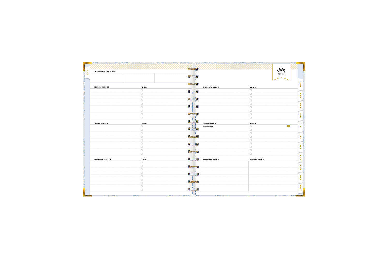 July 2025 - June 2025 weekly format featuring lined writing space, to do bullet points, and white monthly tabs