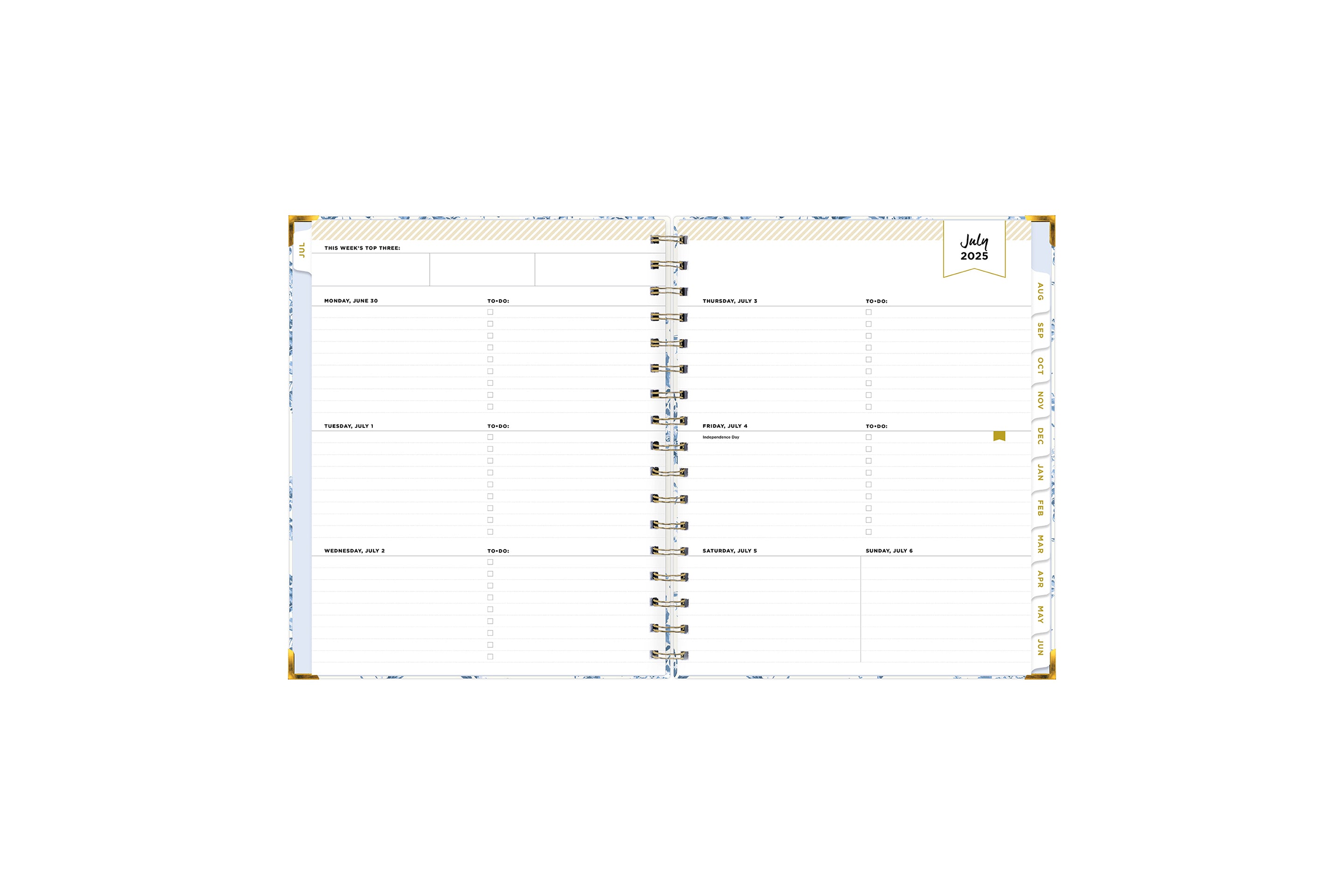 July 2025 - June 2025 weekly format featuring lined writing space, to do bullet points, and white monthly tabs