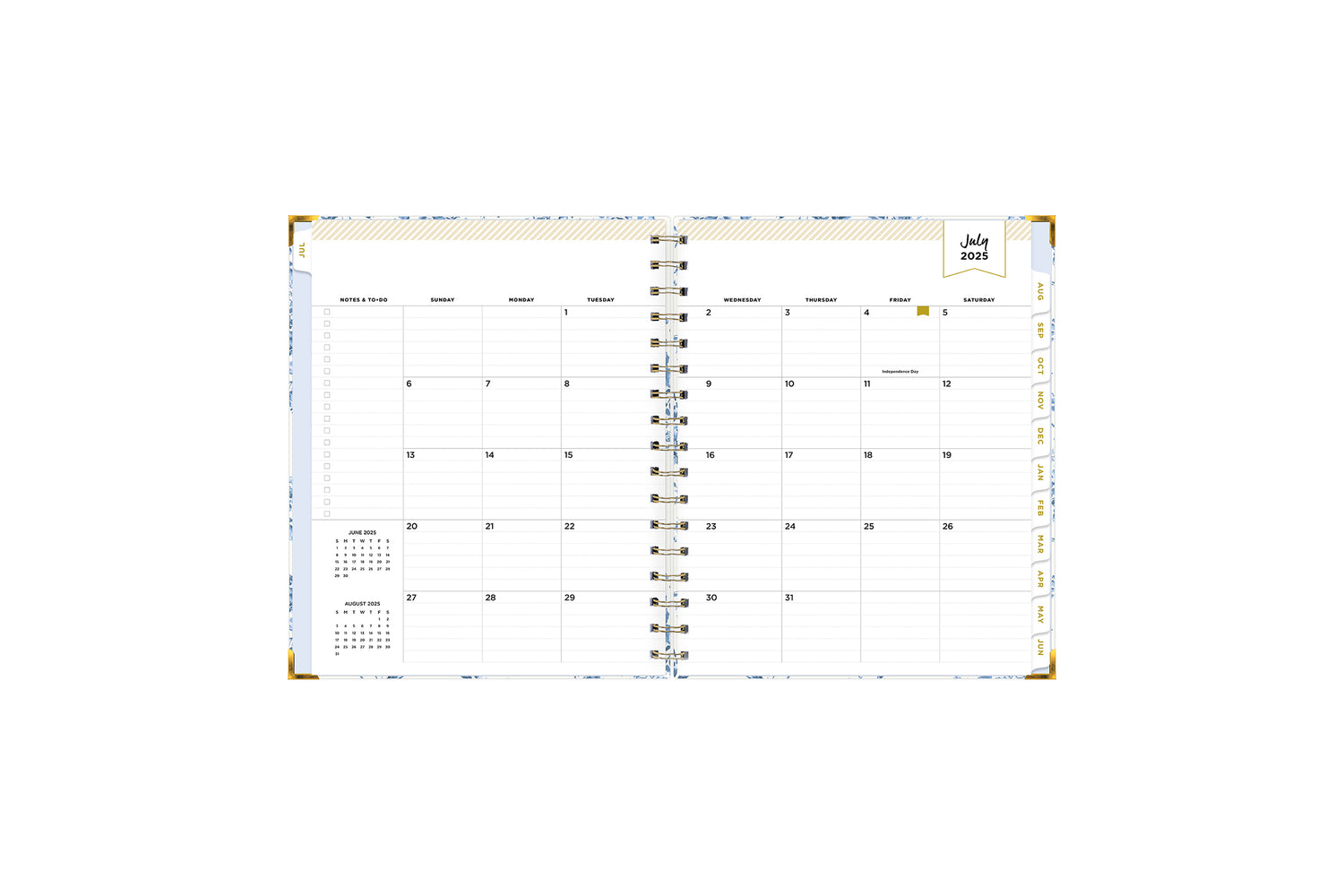 July 2025 - June 2025 monthly format featuring lined writing space, to do bullet points, and white monthly tabs