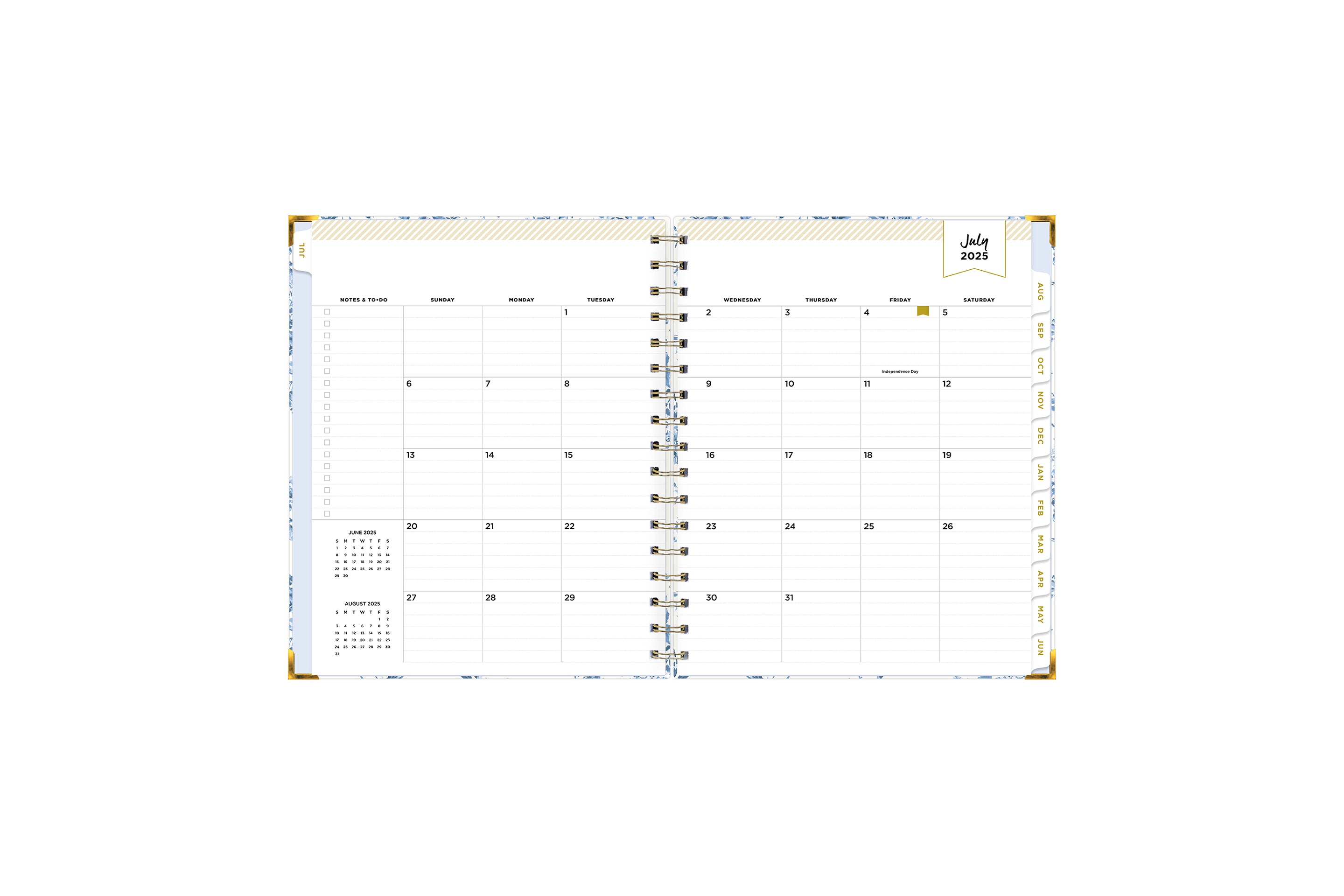 July 2025 - June 2025 monthly format featuring lined writing space, to do bullet points, and white monthly tabs