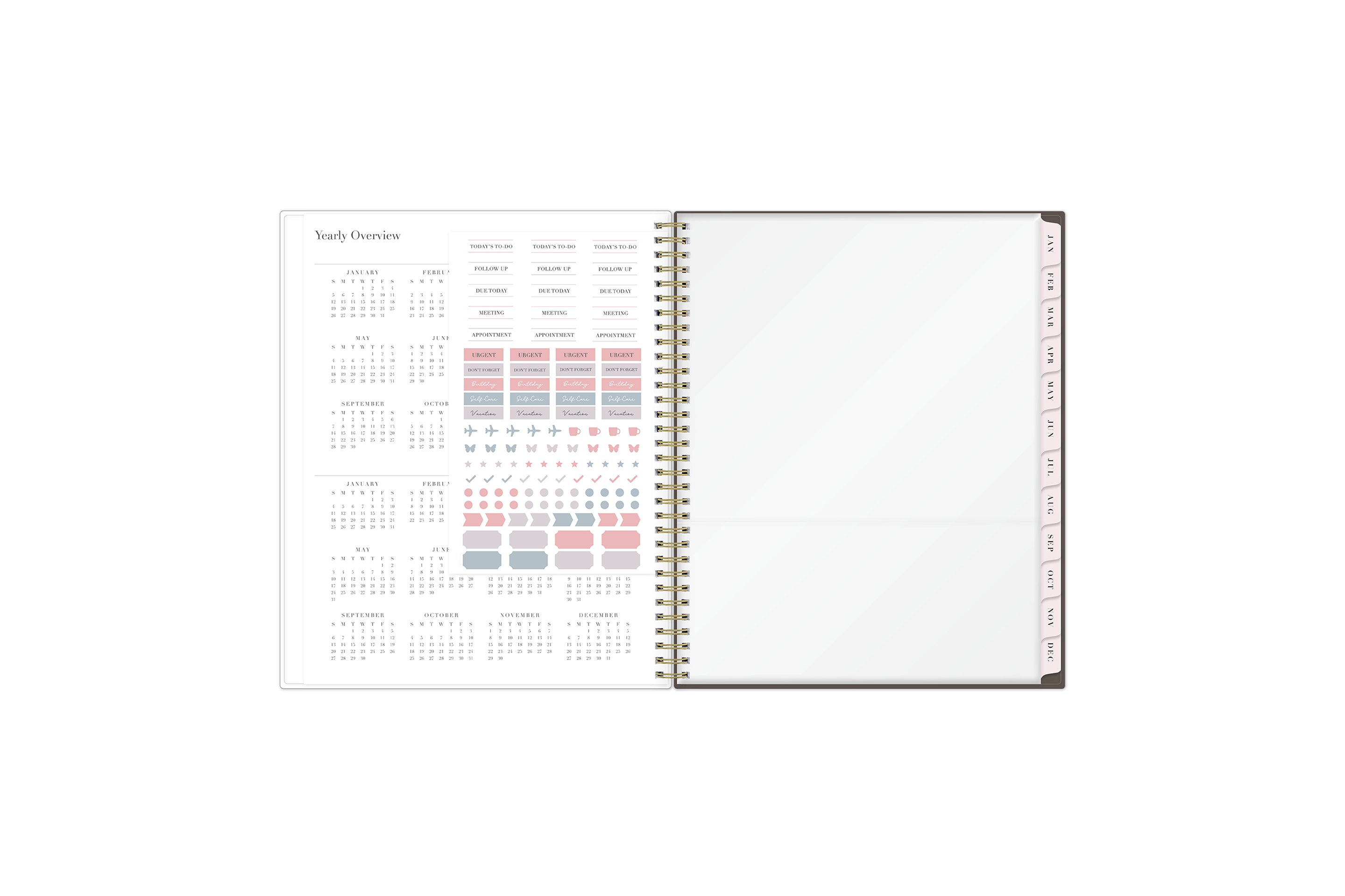 2025-2026 yearly overview with ownership information, sticker sheet, storage pocket, and blush monthly tabs