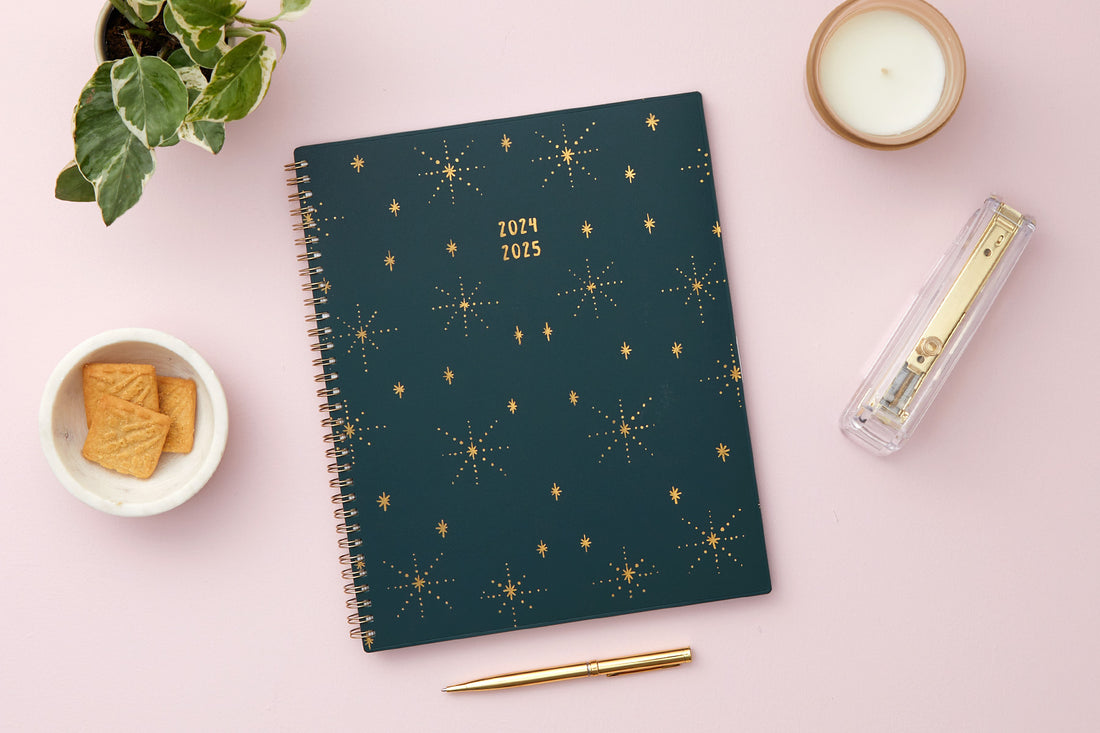 solid army green with gold stars on a 8.5x11 planner size for July 2024- June 2025