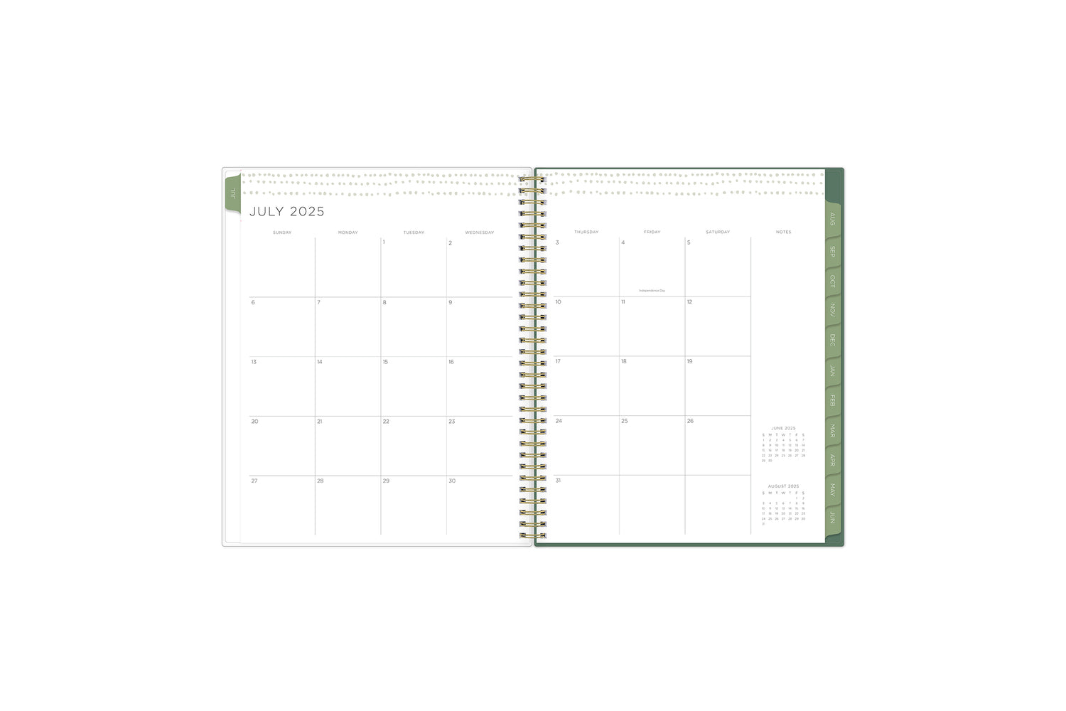 the kelly ventura 2025-2026 weekly monthly planner features a monthly overview featuring, clean blank writing space, notes section, reference calendars, and teal monthly tabs, perfect for planning year in year out.