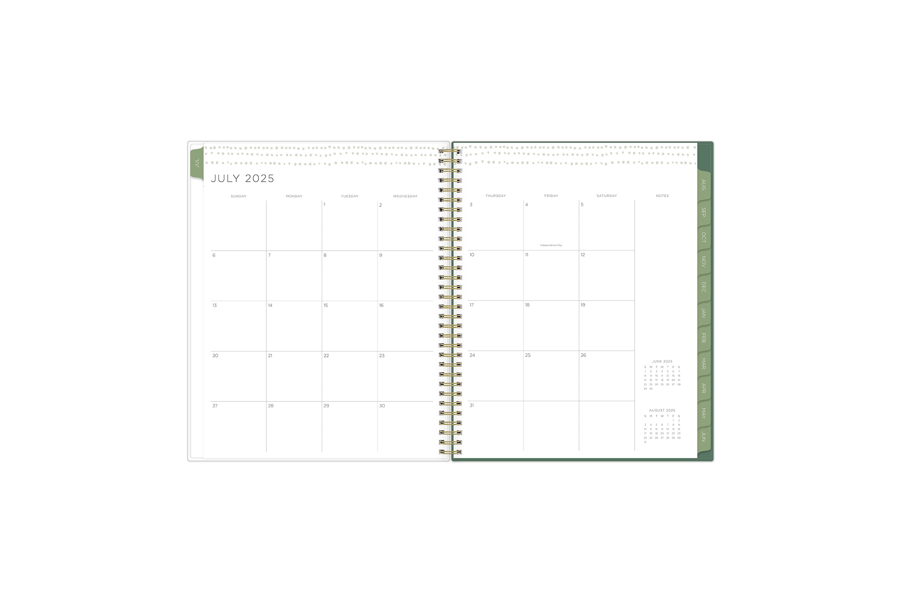 the kelly ventura 2025-2026 weekly monthly planner features a monthly overview featuring, clean blank writing space, notes section, reference calendars, and teal monthly tabs, perfect for planning year in year out.