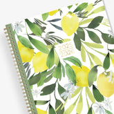 The kelly ventura 2025-2026 weekly monthly planner for blue sky features beautiful lemons cover with gold twin wire-o binding in a 8.5x11 planner size.
