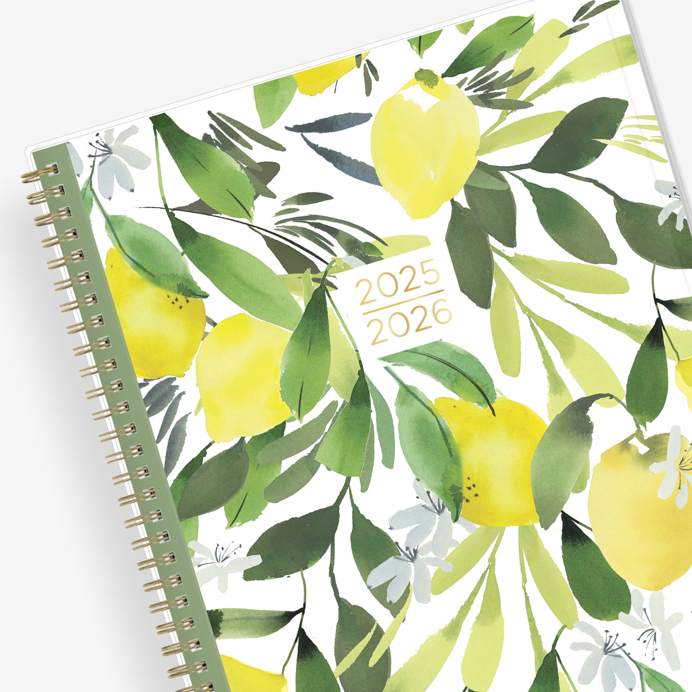 The kelly ventura 2025-2026 weekly monthly planner for blue sky features beautiful lemons cover with gold twin wire-o binding in a 8.5x11 planner size.