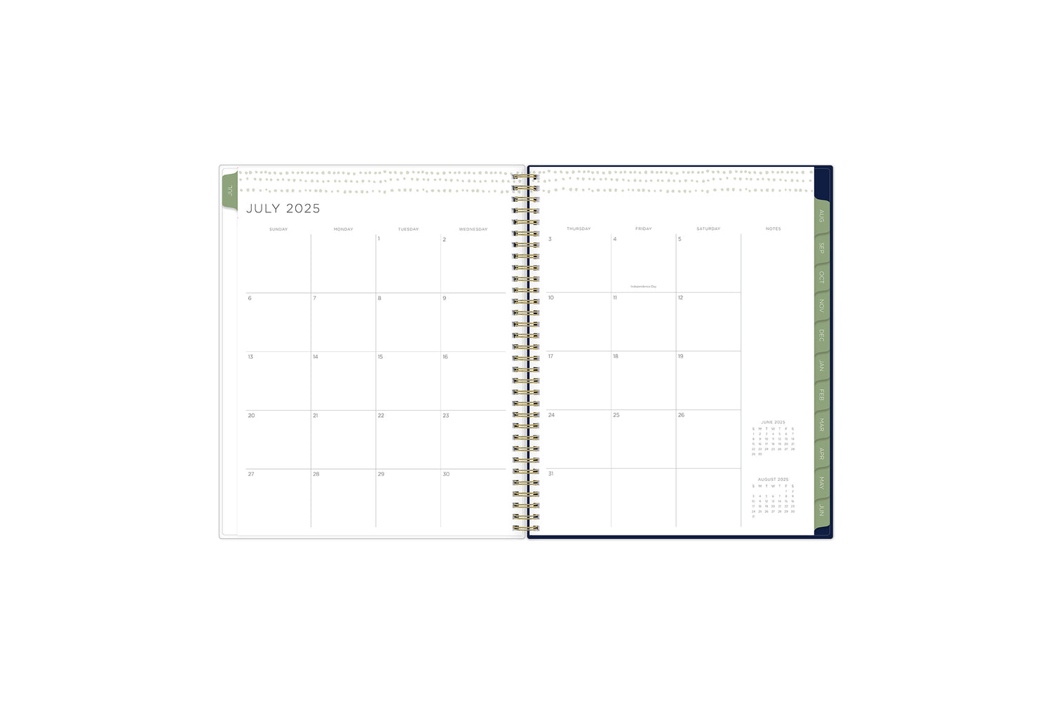the kelly ventura 2025-2026 weekly monthly planner features a monthly overview featuring, clean blank writing space, notes section, reference calendars, and teal monthly tabs, perfect for planning year in year out.