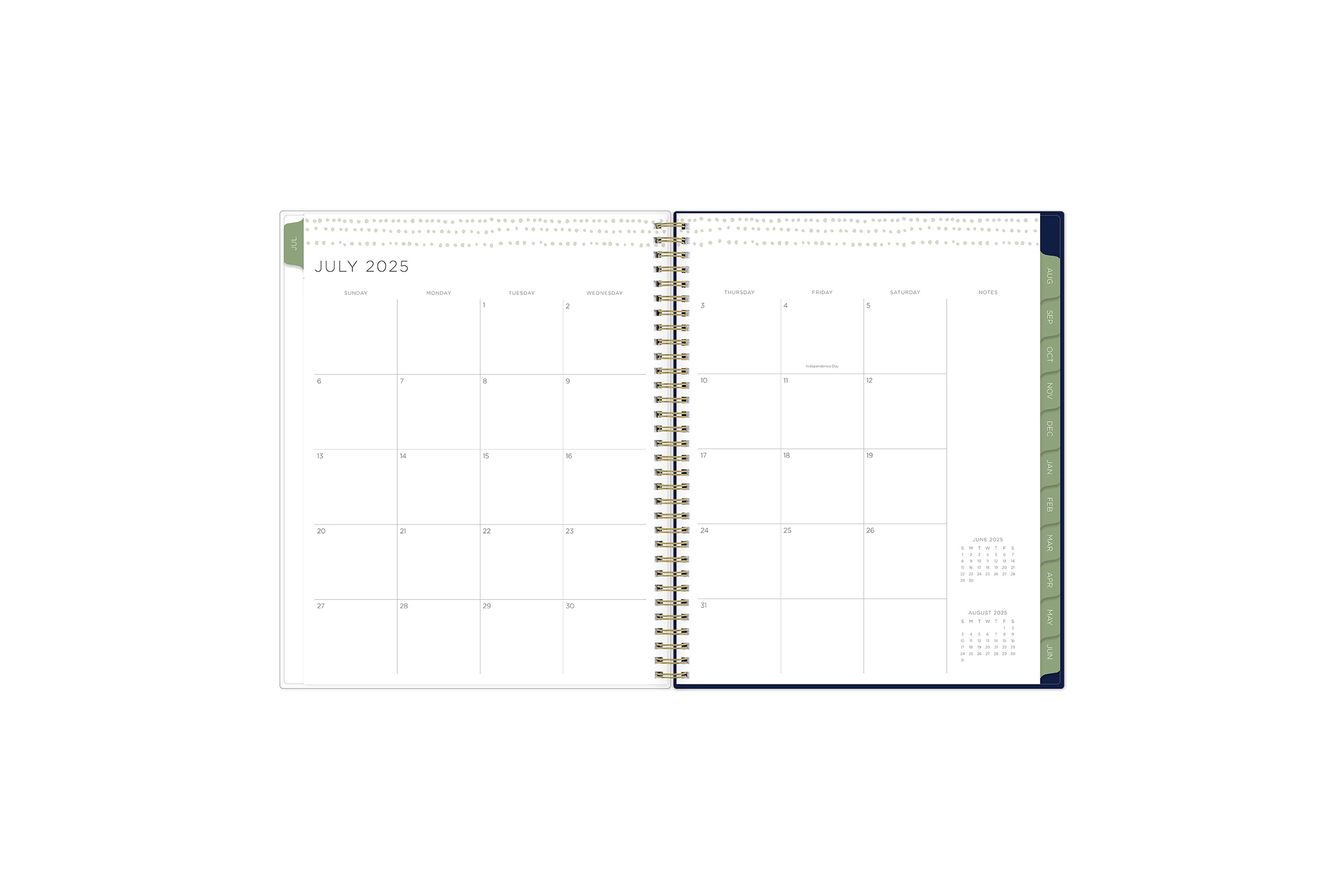 the kelly ventura 2025-2026 weekly monthly planner features a monthly overview featuring, clean blank writing space, notes section, reference calendars, and teal monthly tabs, perfect for planning year in year out.