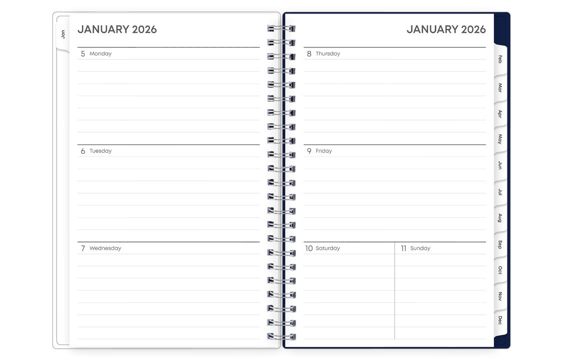 january 2026 to december 2026 weekly monthly planner weekly spread featuring lined writing space and white monthly tabs