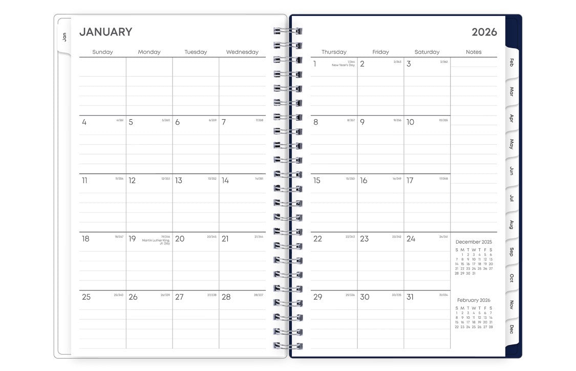 january 2026 to december 2026 monthl monthly planner monthly spread featuring lined writing space and white monthly tabs, notes section and reference calendars