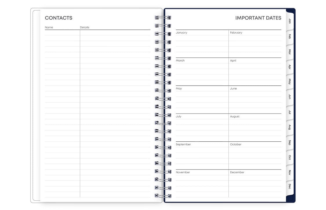 Spiral-bound planner with contact and important dates pages on a white background