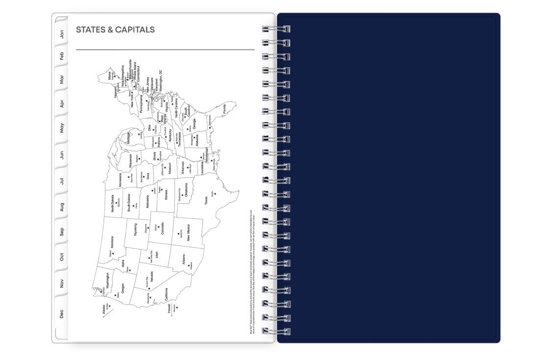 planner with a map of the United States on one page and a solid color on the other, on a white background.