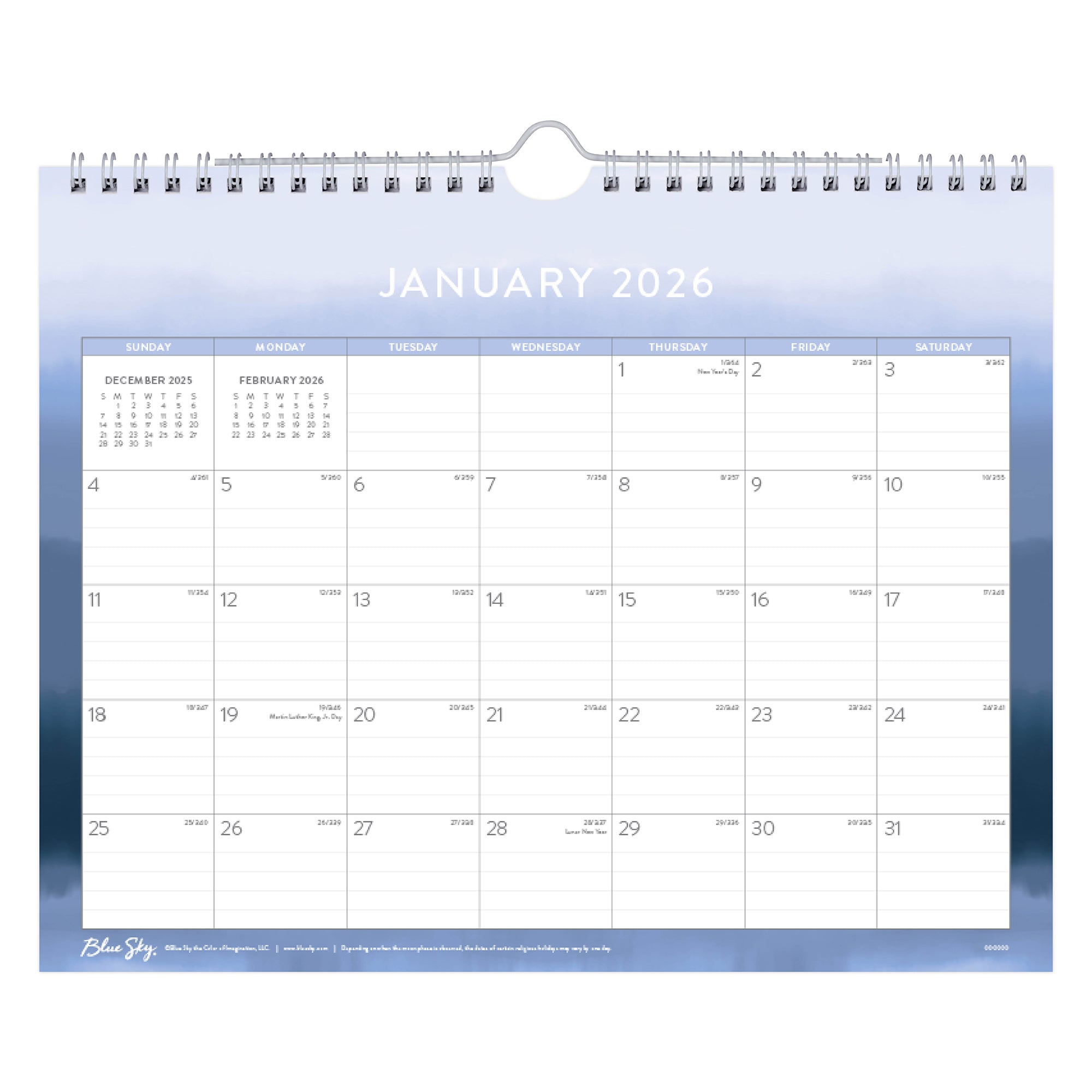 january 2026 to december 2027 monthly wall calendar  blue ombre border