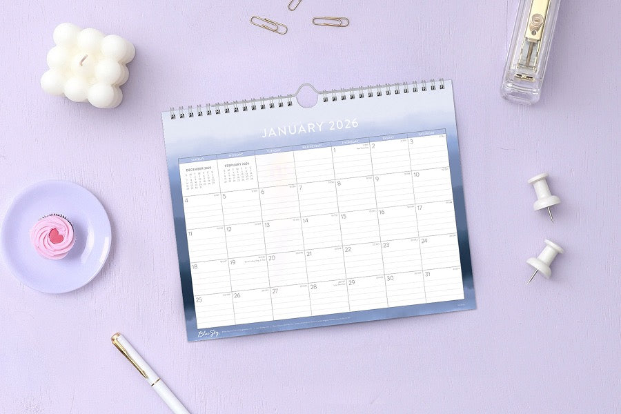 january 2026 to december 2027 monthly wall calendar  blue ombre border