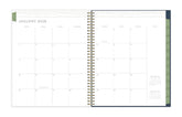 the kelly ventura 2026 weekly monthly planner features a monthly overview featuring, clean blank writing space, notes section, reference calendars, and teal monthly tabs, perfect for planning year in year out.