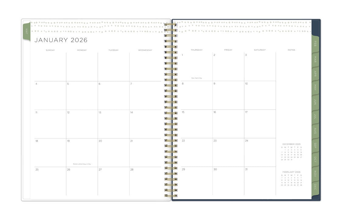 the kelly ventura 2026 weekly monthly planner features a monthly overview featuring, clean blank writing space, notes section, reference calendars, and teal monthly tabs, perfect for planning year in year out.