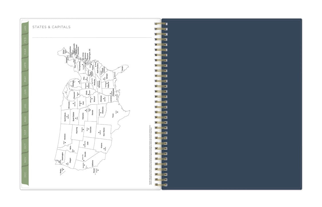 Notebook with a map of the United States on one page and a blue cover on the other