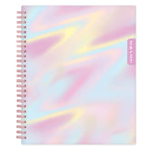 planner with a colorful, iridescent cover and rose gold accents on a white background