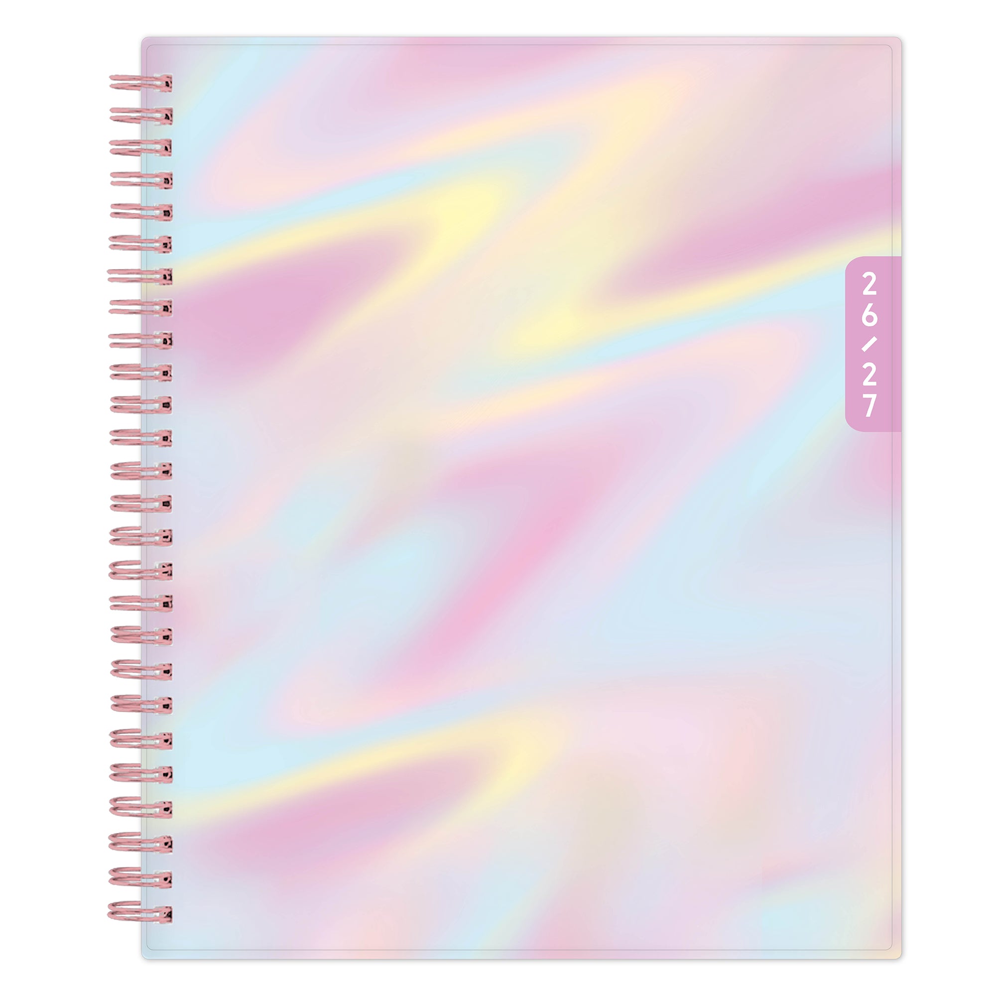 planner with a colorful, iridescent cover and rose gold accents on a white background