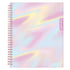 planner with a colorful, iridescent cover and rose gold accents on a white background