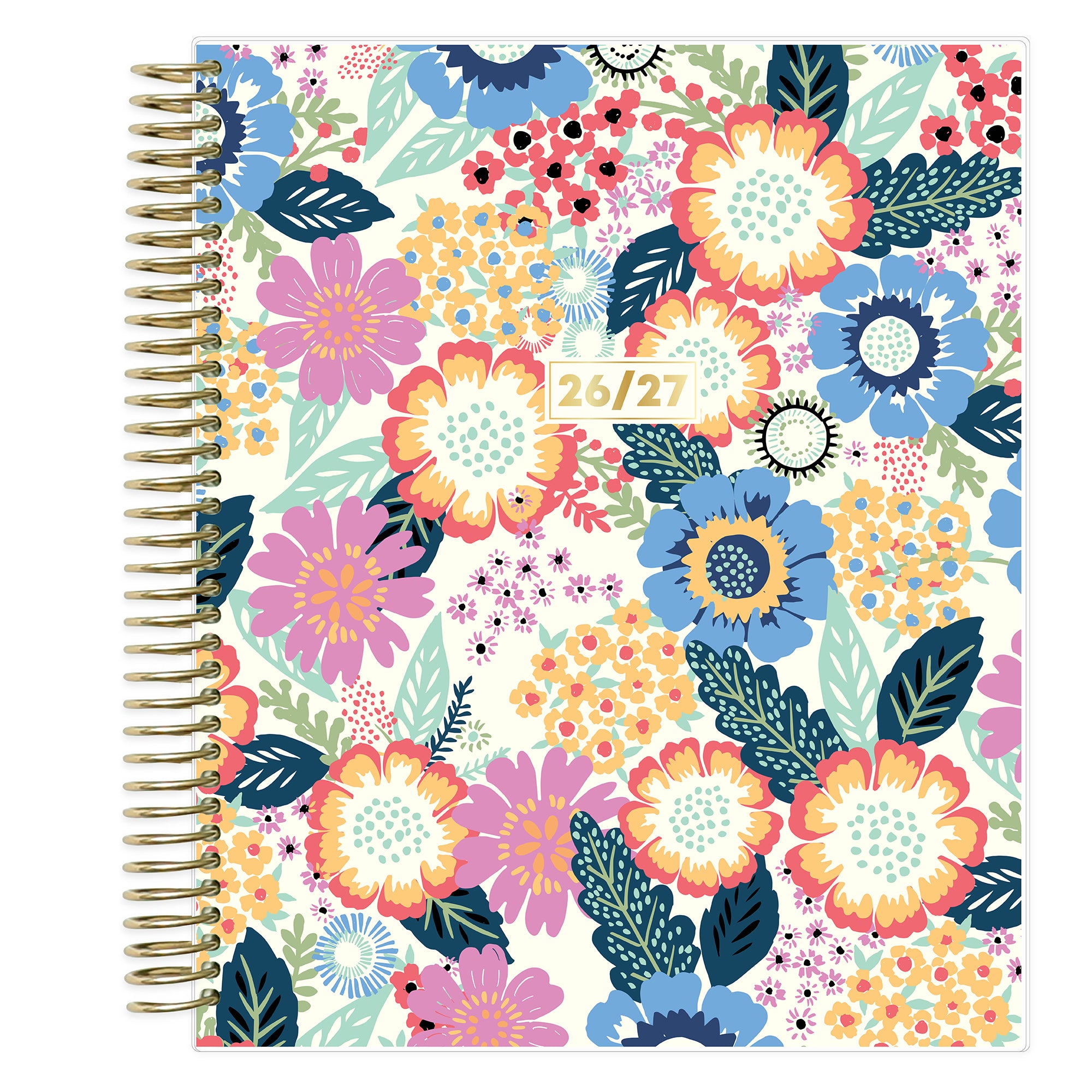 Floral patterned weekly premium planner with a gold spiral binding on a white background