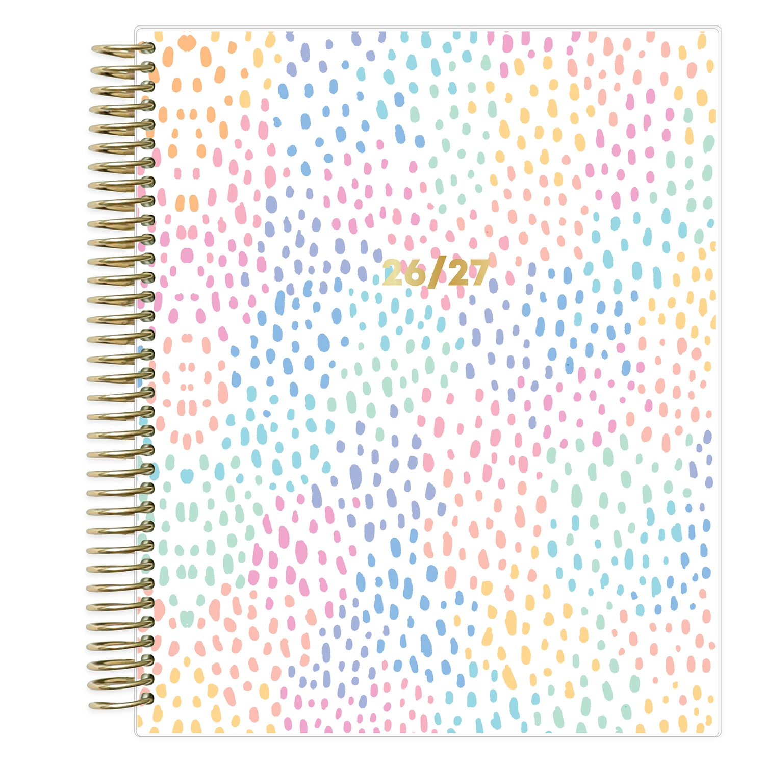 Spiral-bound weekly planner with a colorful dot pattern and &