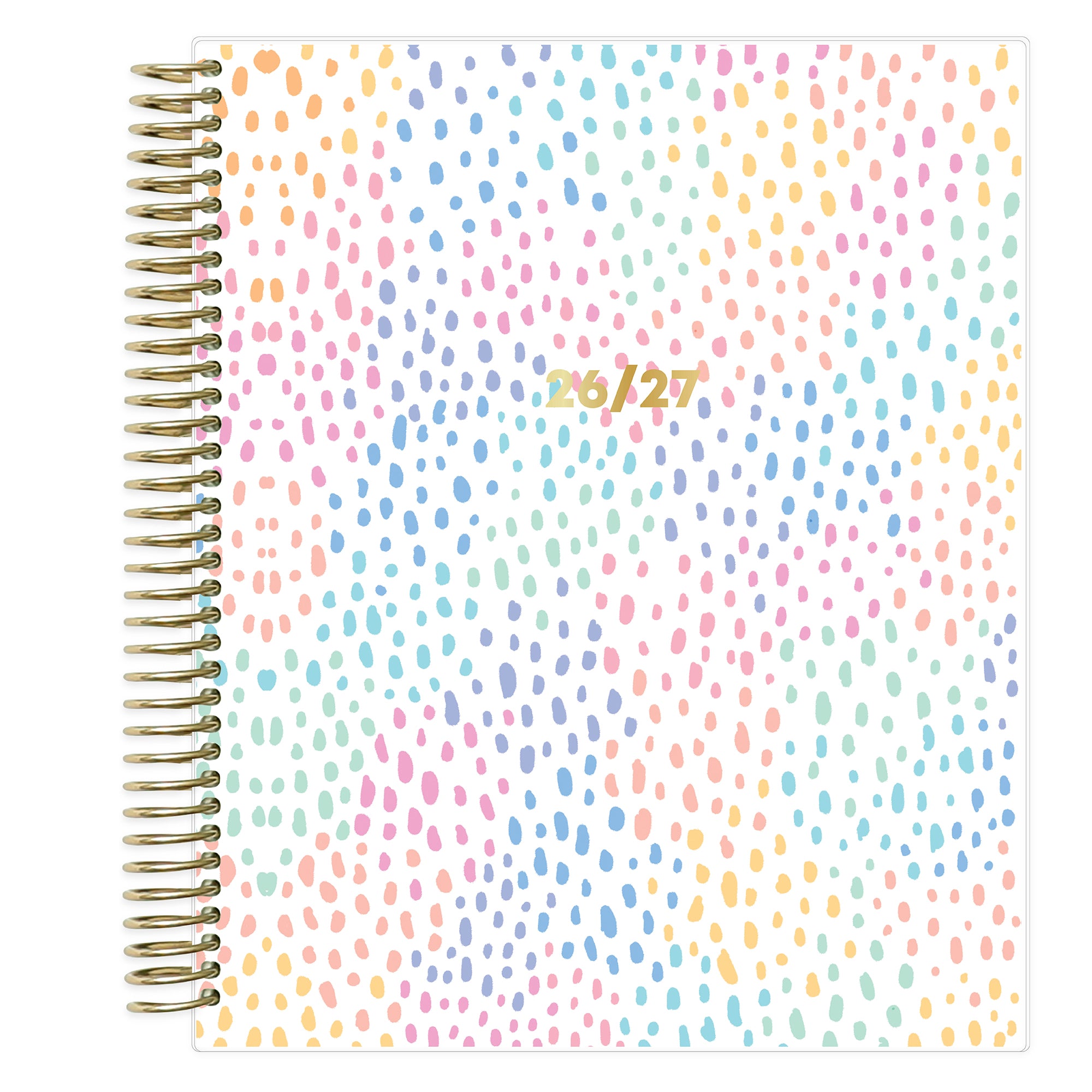Spiral-bound weekly planner with a colorful dot pattern and &