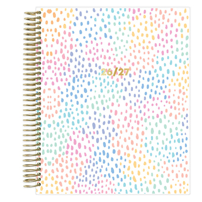 Spiral-bound weekly planner with a colorful dot pattern and &