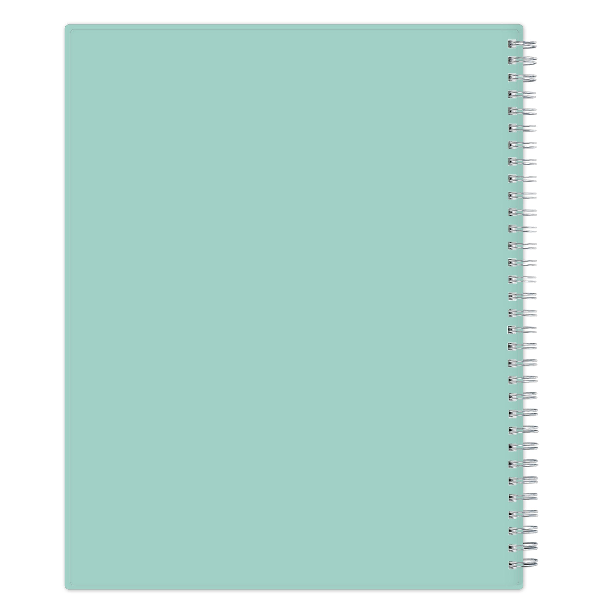 Mint green teacher lesson planner with a spiral binding on a white background