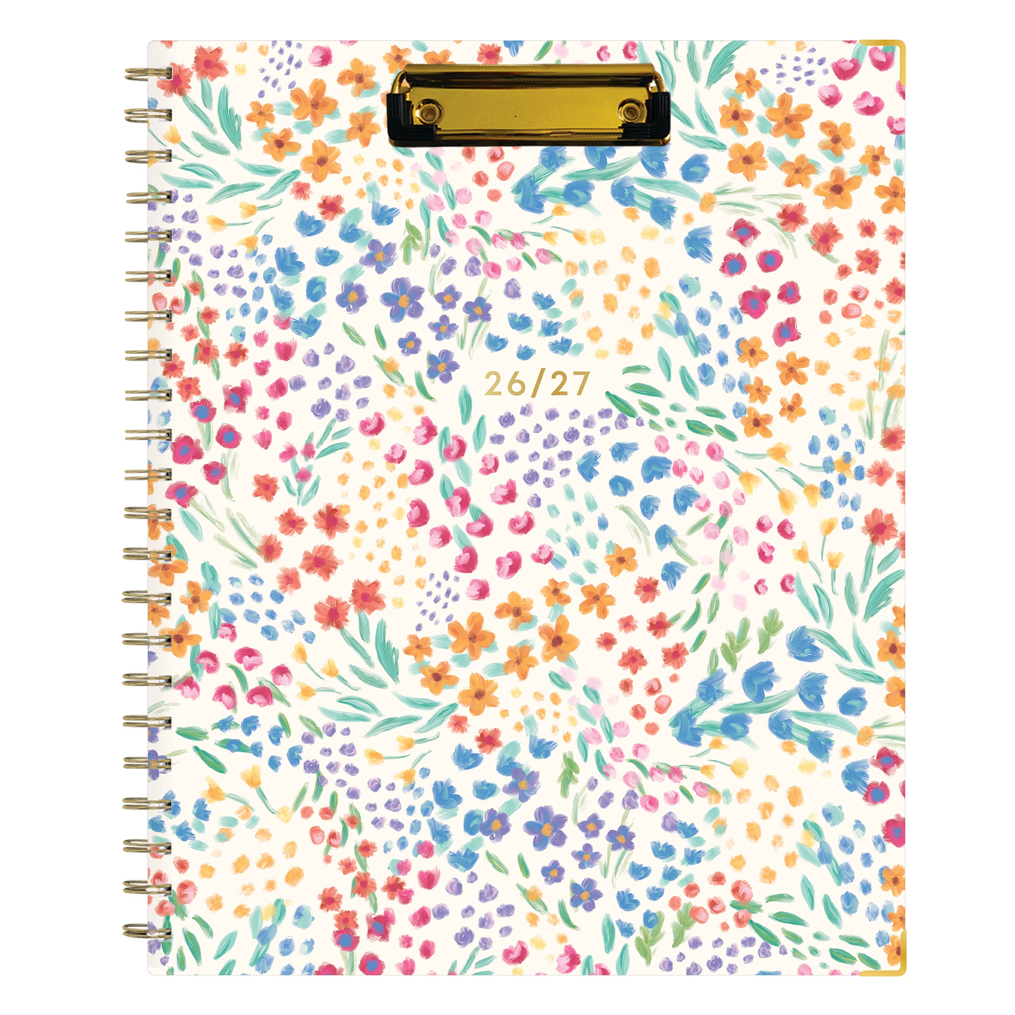 Floral patterned planner with a gold clip on a white background