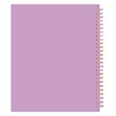 Purple weekly planner with a spiral binding on a white background