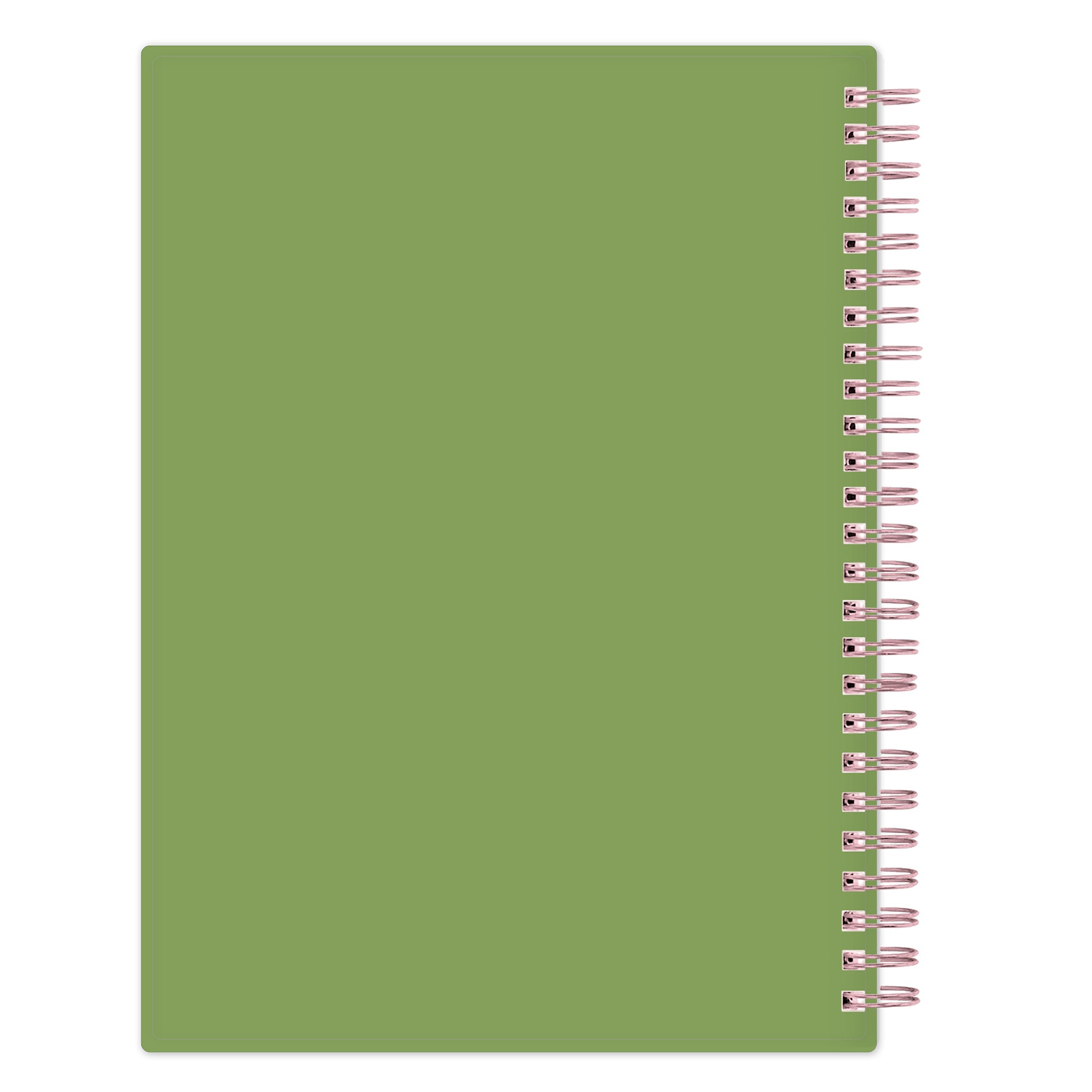 Green notebook with a spiral binding on a white background