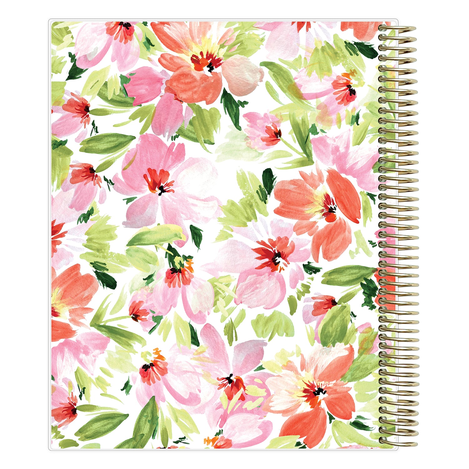Floral-patterned planner with a spiral binding on a white background
